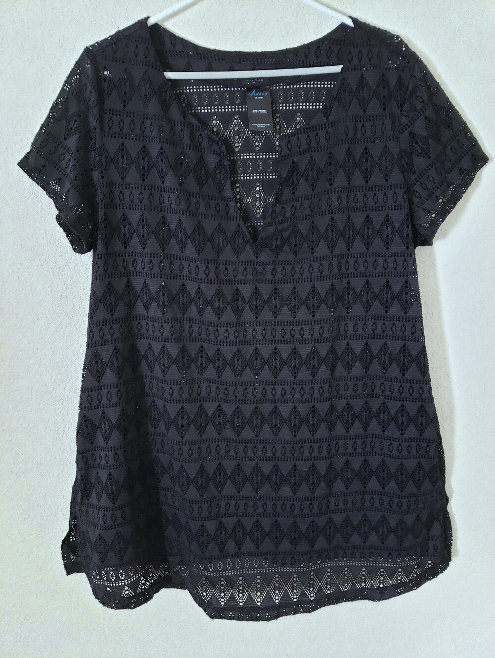 Catalina Black Lace V-Neck Short Sleeve Pullover Blouse Cover Up 1X